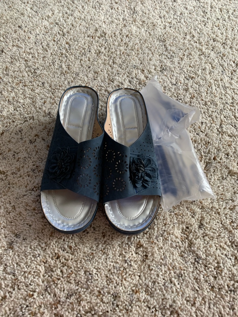 Navy Floral Laser-Cut Slip-On Sandals